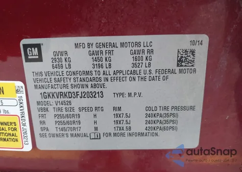 2015 GMC Acadia Slt-1 z USA, uszkodzony, nr VIN 1GKKVRKD3FJ203213